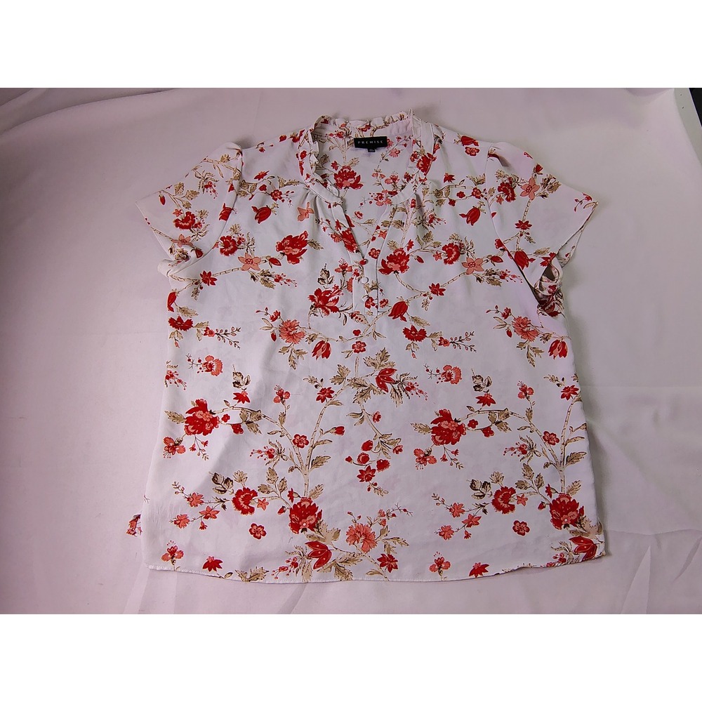 Premise Womens Floral Blouse Top XL White Red Short Sleeve V Neck Pleated Crepe